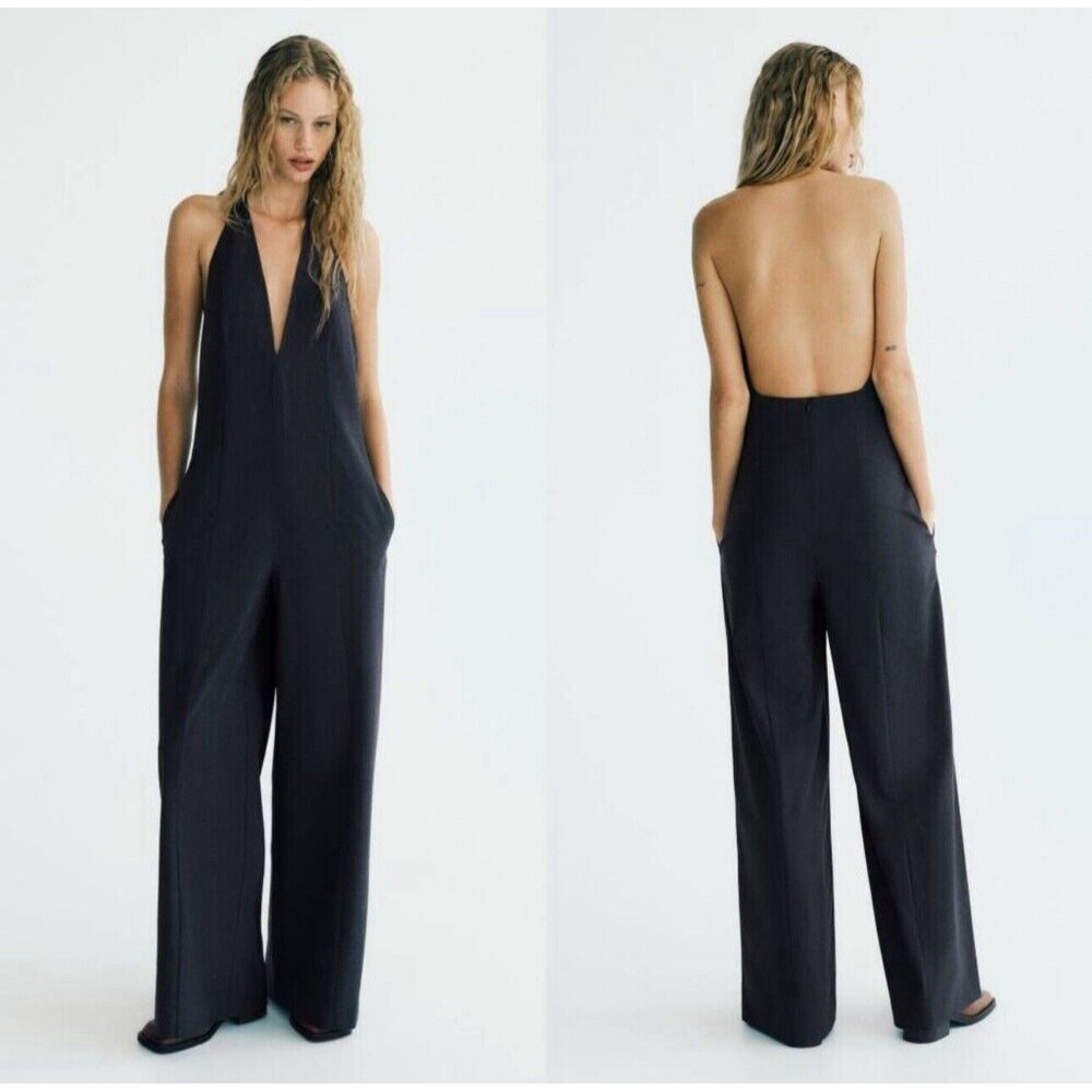 Zara Jumpsuit Womens Extra Large Black Pinstripe Wide Leg Halter One Piece New